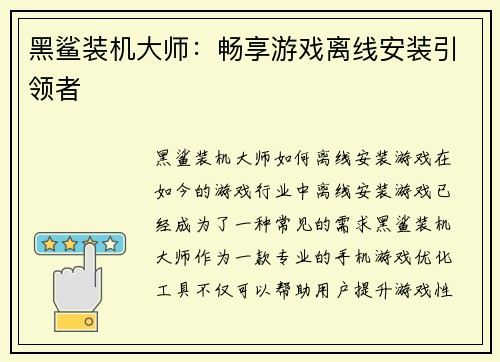黑鲨装机大师：畅享游戏离线安装引领者